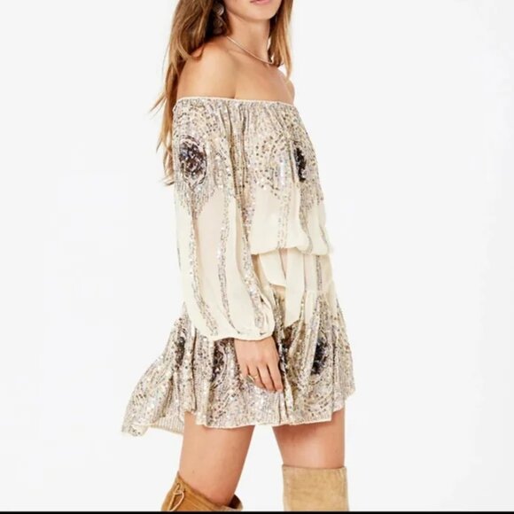 Jen's Pirate Booty Celestial Mini Dress Sequin Sparkle Ivory Tea Embroidered - Picture 2 of 13